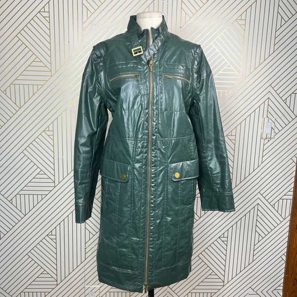 Tory Burch Green Patent Quilted Mid-Length Coat Jacket Size US 12 - Picture 3 of 12